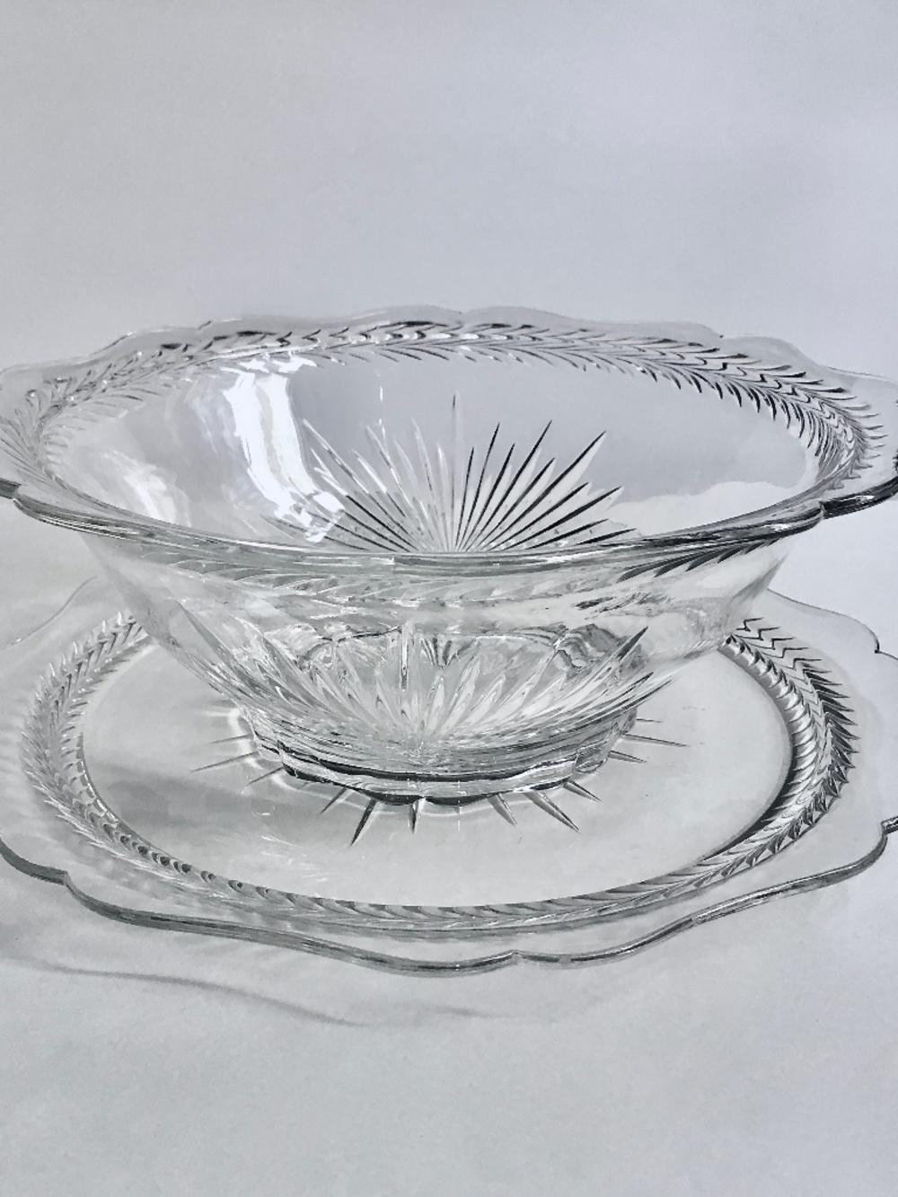 Jeannette Glass Co. "Sunburst" Clear Depression Glass Bowl & Serving Plate